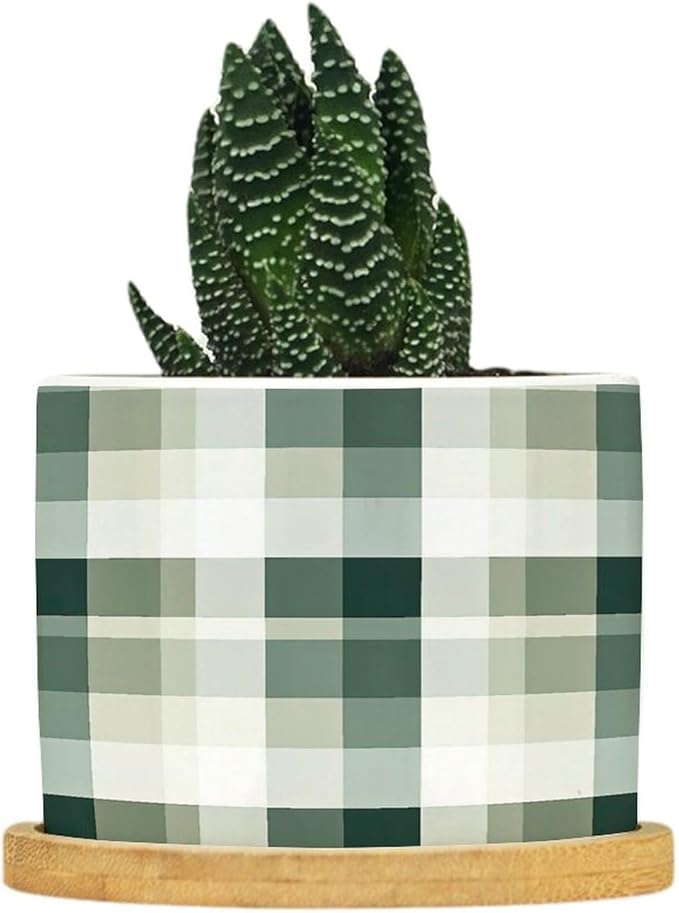 Sage Green Buffalo Plaid Planters Ceramic Green Buffalo Check Round Flower Pot with Drainage Holes and Bamboo Tray Pot for Succulents Cactus Garden Windowsill