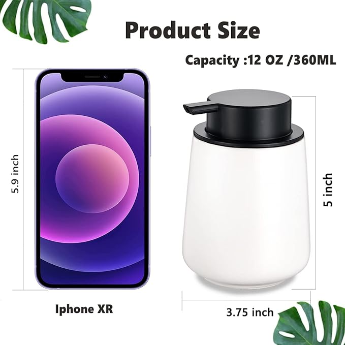 12Oz White Soap Dispenser - Modern Ceramic Lotion Hand Soap Dispenser with Easy-to-Press Black Pump, Reusable and Refillable Liquid Dish Soap Dispensers for Bathroom & Kitchen
