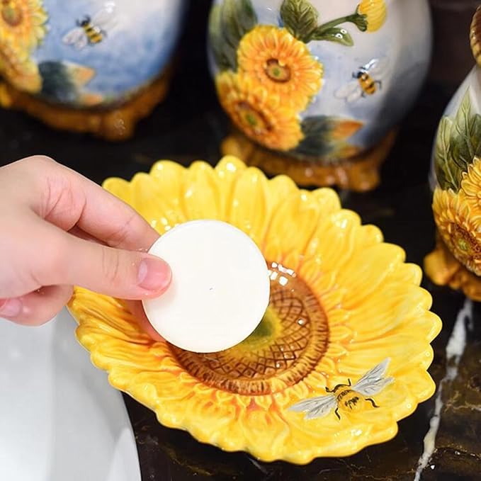 Ceramic Sunflower Bathroom Accessories Set, 4 Piece Bathroom Ensemble Set with Toothbrush Holder, Toothbrush Cup, Soap Dispenser, Soap Dish