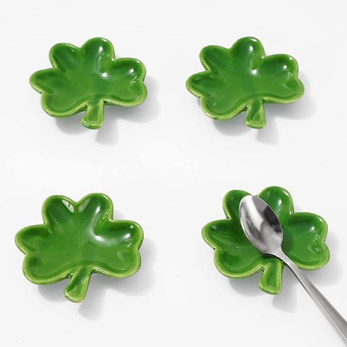 Whaline 4 Pcs 2.7 Inch St. Patrick's Day Mini Ceramic Spoon Rest Gradient Green Shamrock Small Coffee Spoon Holder Clover Ring Dish for Irish Holiday Home Coffee Station Bar Accessories