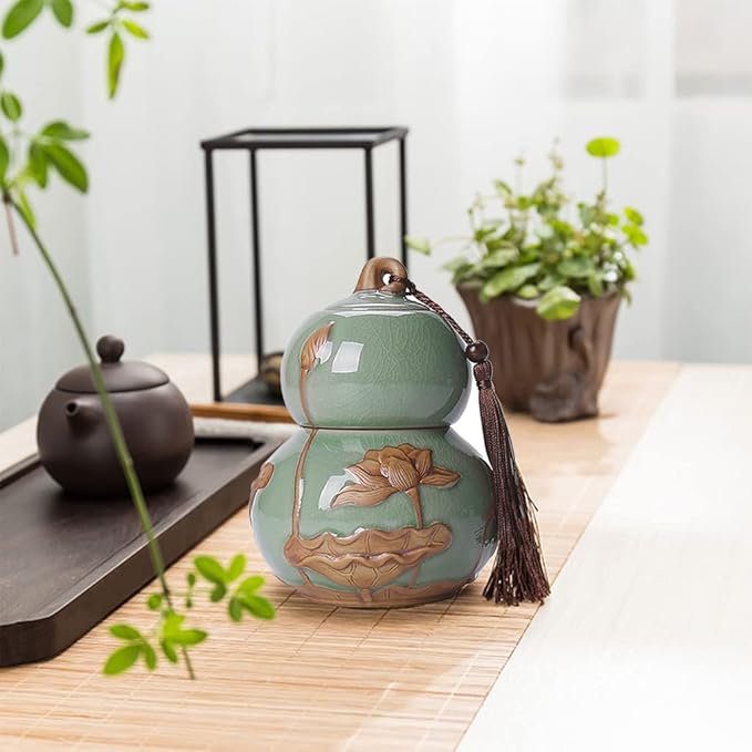 ARTLINE Airtight Lid Ceramic Tea Containers Tea Canister, Food Storage Jar Porcelain Tea Caddy Gourd Shape Design Sealed Loose Tea Tin Kichen Storage Container for Coffee Sugar, Nuts, Herb, Spice