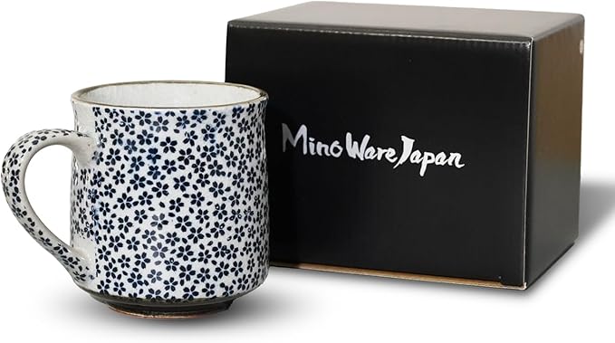 Nostalgic Mino Ware Ceramic Sometsuke Small Mug Cup - Japanese Crafted, Floral Pattern, Comfort Grip Handle, For Coffee and Green Tea or Soup, Matcha Tea, Gift Box Included (Mountain Cherry)