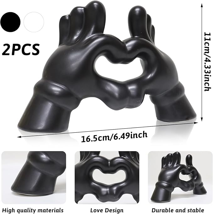 Zerzsy Set of 2 Heart Hands Sculpture Figurine Decor, Modern Style Sculptures Decorative Loving Finger Statues, Valentines Day Decorations for Office Home Decor - Black&White