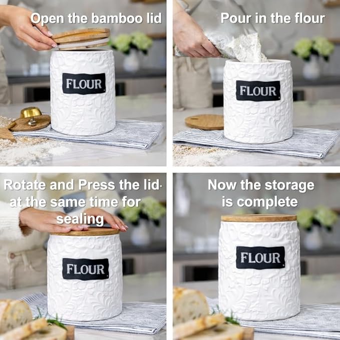 Ceramic Canister for the Kitchen (52oz/1537ml) – Airtight Kitchen Counter Storage with Bamboo Lids, Decorative Flour Sugar Coffee Jars for Pantry & Home