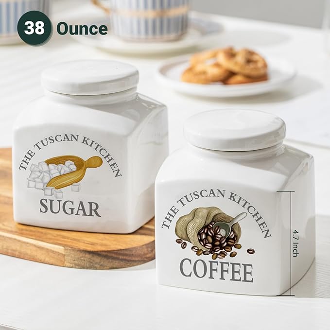 HOMBENE Kitchen Ceramic Food Storage Containers, Food Storage Jar with Airtight Lids, 38 oz Coffee Containers for Coffee and Sugar Set of 2, White