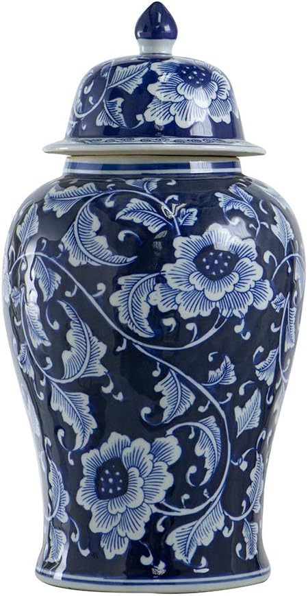 A&B Home 18" Porcelain Decorative Jar with Lid Blue White Floral Print Vase Ginger Jar Centerpiece Decor