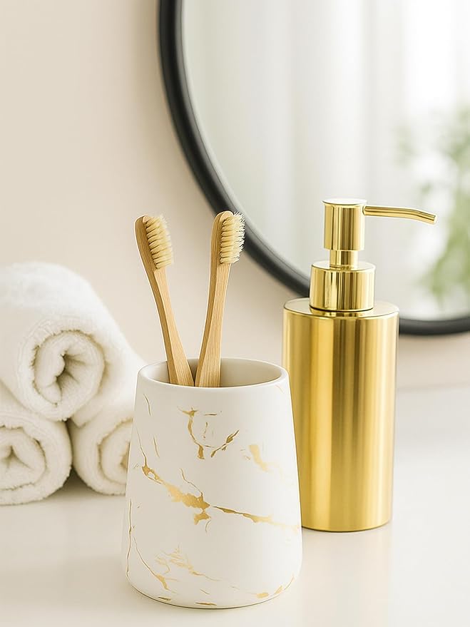 Marble Ceramic Toothbrush Holder Cup – 14.2oz Bathroom Tumbler for Toothbrushes, Makeup Brushes, or Rinsing, White with Gold Veins