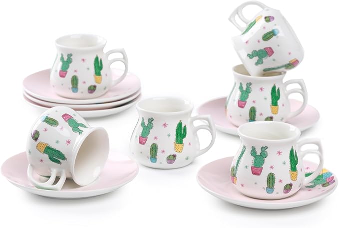 GuangYang 2.5 oz Espresso Cups set of 6, Cute Cactus Pattern (Size for Double Shot Espresso,Ristretto, Macchiato, Café Cubano, and Turkish Coffee)