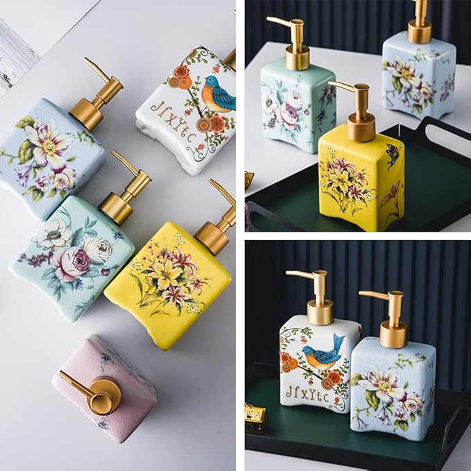 WAYUTO 12 Oz Vintage Soap Dispenser Ice Crack Ceramic Liquid Soap Dispenser Lotion Pump Bottle for Kitchen Countertop Bathroom Decorative Antique Floral Porcelain Hand Soap Dispenser Yellow Lily