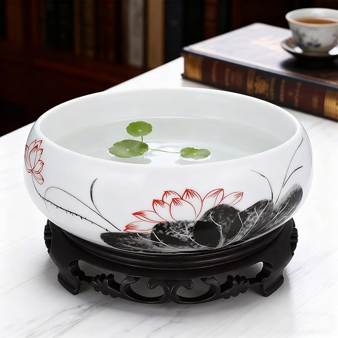 Hemoton Lotus Bowl Planter with Base, Ceramic Water Plant Pot, Indoor Bonsai Bowl Lotus Flower, Hydroponic Planter for Water Lily, Aquatic Plants, Lilies, and Succulents, Glazed Vase for Lotus Seeds