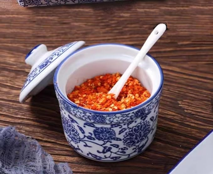 123Arts Ceramic Blue and White Sugar Bowl Spice Jar with Lid Spoon Seasoning Pot