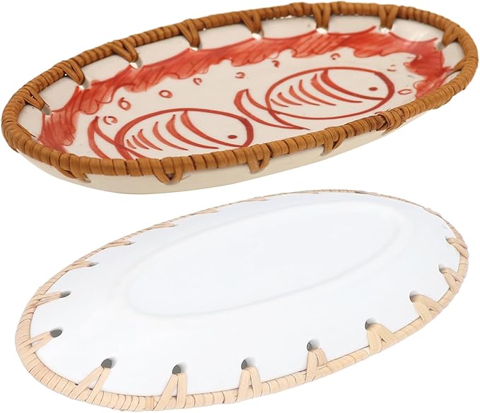 Rattan Ceramic Tray, Oval Fruit/Bread/Cookie/Jewelry Small Storage Porcelain Serving Plate, Vintage Decorative Display Plate for Coffee Table Home Decor Wedding Party Gift (Red Fish)