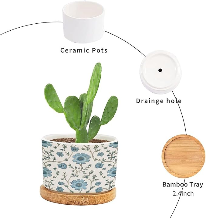 Mughal Flower in Ceramic Planter Blue Floral Planters for Indoor Plants with Drainage Holes and Saucers Pot for Succulents Cactus Garden Windowsill