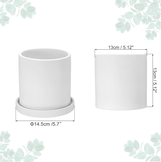 PATIKIL 5 Inch Ceramic Plant Pots, Modern Flower Planters with Drainage Holes and Tray for Decorate Home Indoor Plants Succulent Herb, White