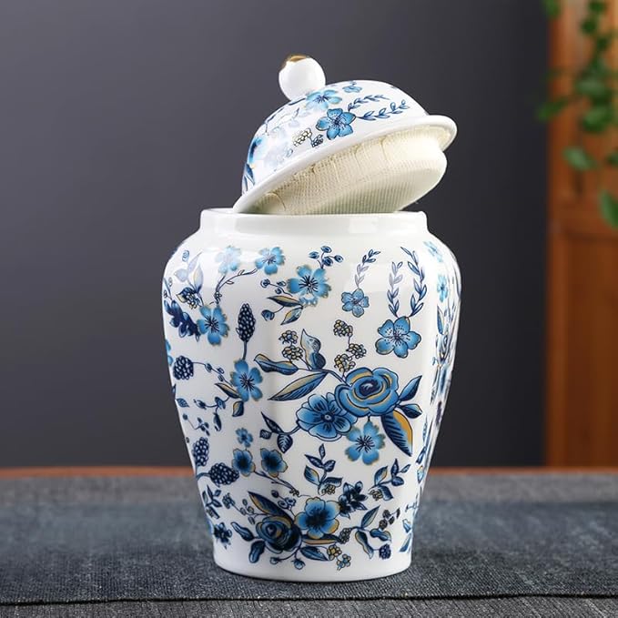 fanquare Porcelain Tea Canister for Loose Tea Vintage Chinese Blue Hexagonal Orchid Style Airtight Tea Storage Caddy Large Sugar Jar Table Vase for Kitchen Décor