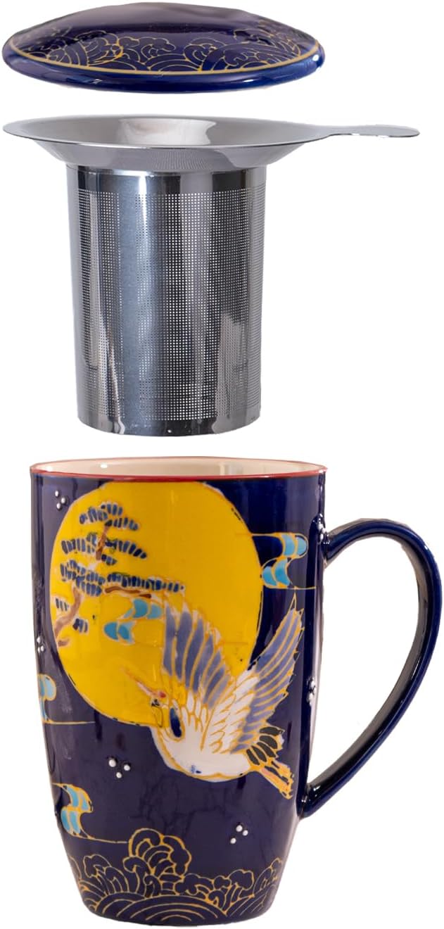 Urban Tokyo Tea Mug With Lid and Stainless Steel Infuser For Loose Leaf Tea Bag Tea Cup 15oz Porcelain Hot Beverage Everyday Use Home Office (Crane Moon)