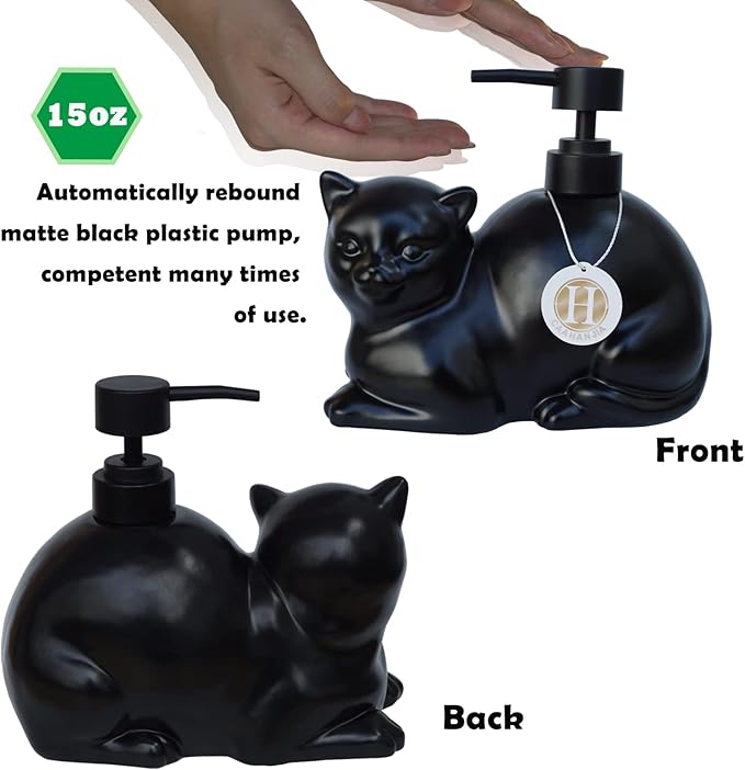 Black Liquid Soap Dispenser, Ceramic Cat, Refillable Wash Liquid Soap Hand Soap for Bathroom Kitchen