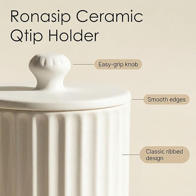 White Ceramic Bathroom Organizer and Storage Jars with Lid, 2 Pack Qtip Holder and Cotton Pad Dispenser, Apothecary Canisters for Vanity, Kitchen Countertop, Home Decor