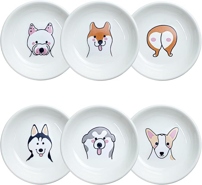 SOCOSY Super Cute Cartoon Animal Pattern Ceramic Sauce Dish/Seasoning Dish/Sushi Soy Dipping Bowl/Appetizer Plates/Serving Dish for Kitchen Home(Set of 6)-Dog Heads