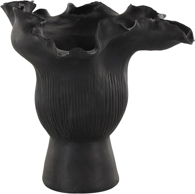 Deco 79 Ceramic Abstract Decorative Vase Floral Inspired Centerpiece Vase with Linear Grooves, Flower Vase for Home Decoration 9" x 8" x 8", Black
