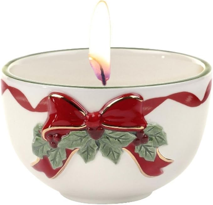 Spode Christmas Tree Ribbons Tea Light Candle Holder, 22K Gold Accents on Fine Earthenware, 3.75" Votive Candle Holder & Festive Holiday Decor - Ideal for Christmas Table Centerpieces