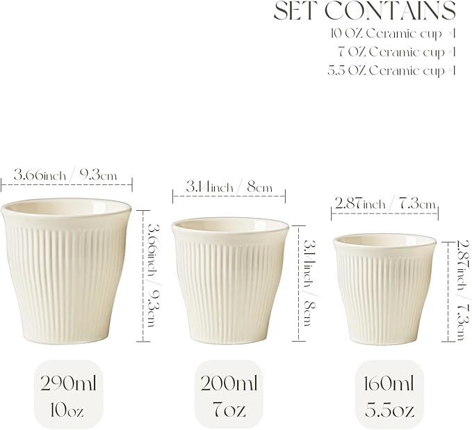 KEMORELA Espresso Cups Set of 3 – 5.5oz/7oz/10oz Ceramic Espresso Cups, Handleless Mug, Japanese Tea Cups， Ceramic Cups no Handles， Microwave and Dishwasher Safe, Barista Use, Asian Matcha Cup, White
