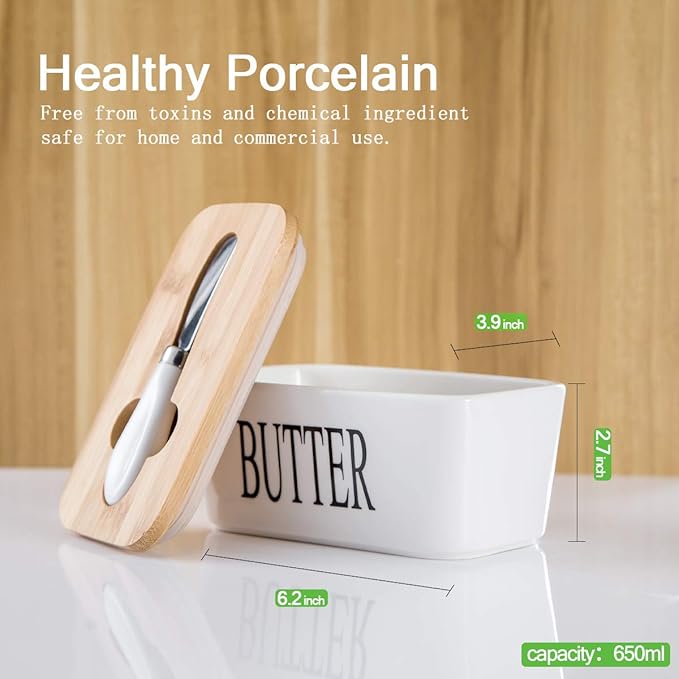 Hasense Butter Dish with Lid, Large Butter Dish with Lid for Countertop, Ceramic Butter Holder Container with Cover, Airtight Butter Keeper for Kitchen,White