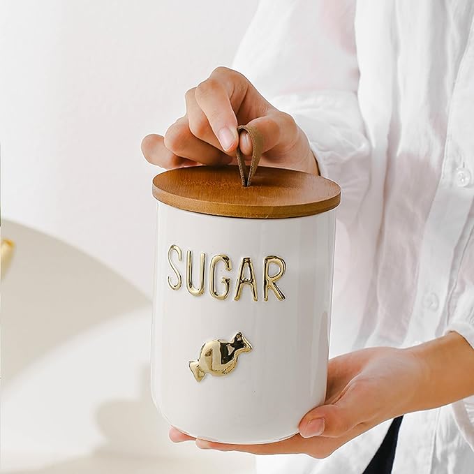 YYW Kitchen Canisters for Countertop, White Airtight Ceramic Canister with Seal Wooden Lid Storage Container for Coffee Bean Ground Coffee Sugar and Tea (Three piece)