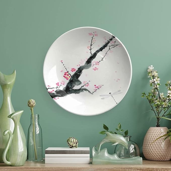 XISUNYA 7 Inch Decorative Plate, Dragonfly Ceramic Stoneware, Branch of Pink Cherry Blossom Sakura Tree Bud and Dragonfly Print Ceramic Wall Hanging for Home & Office Wall Hanging Decor