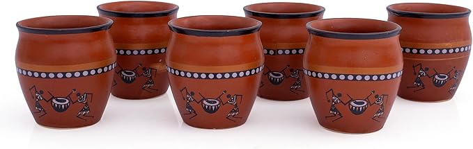 Handmade Traditional Kulhar Kulhad Chai Tea Coffee Mug Cup Cantaritos Set of 6 Glazed Earthenware Glossy Finish Clay Terracotta Artisanal Studio Pottery Mud Brown Food Safe Natural Rustic Eco-Friendly