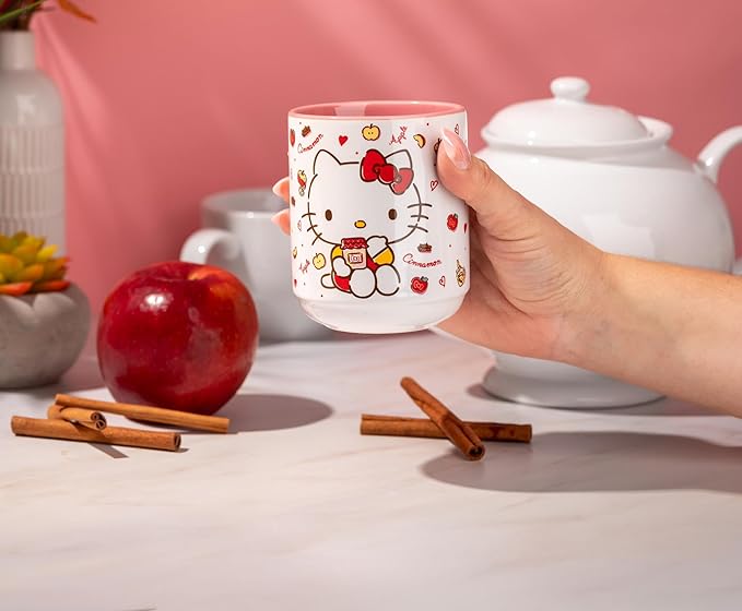Silver Buffalo Sanrio Hello Kitty Cinnamon Apples Asian Ceramic Tea Cup | Traditional Japanese-Inspired Mug Without Handle | Holds 12 Ounces
