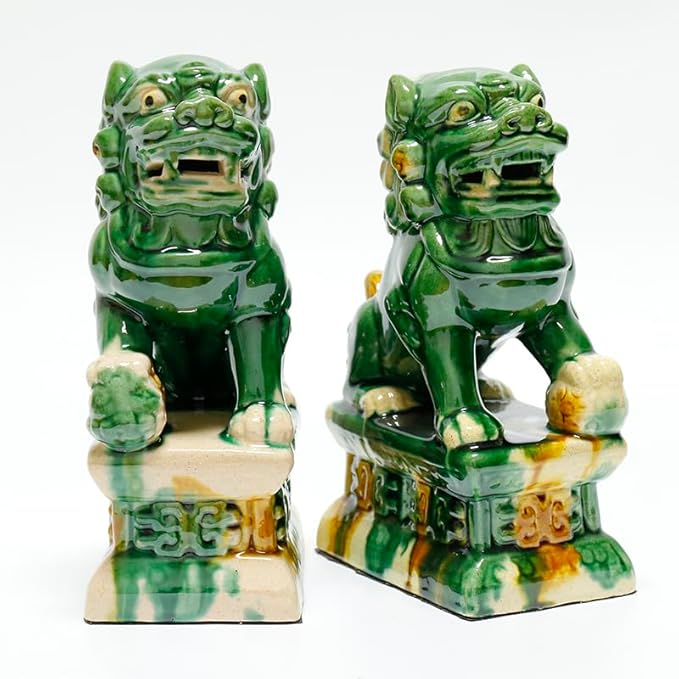 Handcrafted Ceramic Feng Shui Foo Dog Statues Pair Asian Guardian Lions for Office, Home, Housewarming, and Store Opening Gifts Traditional Chinese Decor,Dark Green,4.72 * 7.87in