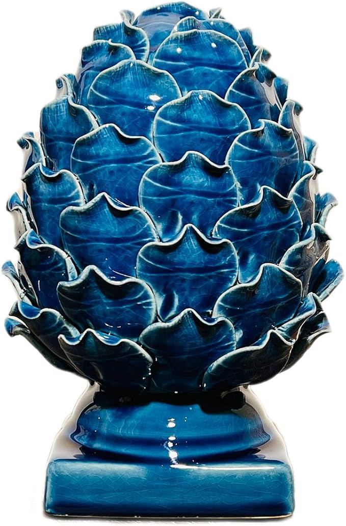 Blue Ceramic Artichoke Statue - Unique Artisanal Decorative Sculpture, Decor for Living Room, Office, Bookshelf