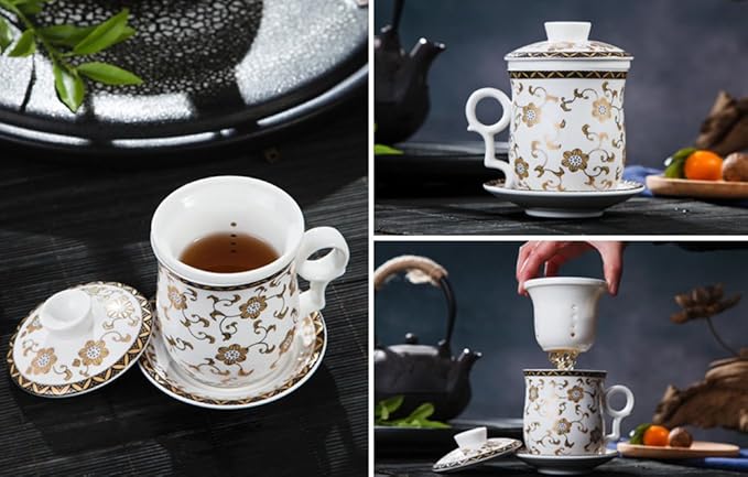 Porcelain Tea Cup with Infuser Lid and Saucer Sets - Chinese Jingdezhen Ceramics Coffee Mug Teacup Loose Leaf Tea Brewing System for Home Office