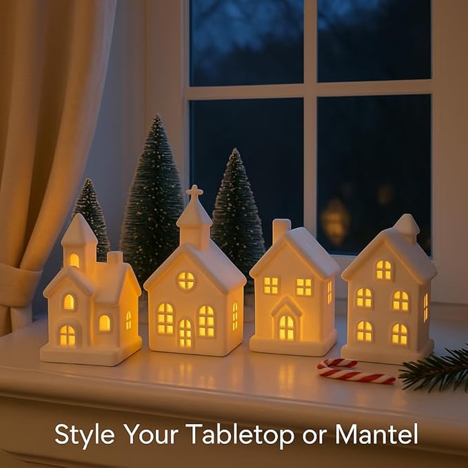 9 Pcs Christmas Village Figurines Sets - 4 Lighted Ceramic Houses with Remote Control & 5 Trees - Christmas Decorations Indoor - White Xmas Holiday Farmhouse Rustic Decor for Home Table Room