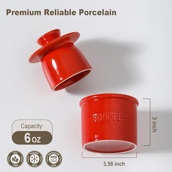 Butter Crock with Lid for Countertop - Ceramic French Butter Dish for Spreadable Soft Butter, Butter Container Holder with a Water Seal, Housewarming Gift, Kitchen and Home Decor, Red