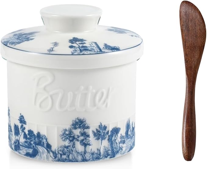 iobiotio Butter Crock for Countertop, Ceramic Butter Crock with Lid and Wooden Knife, Butter Keeper with Water Line for Fresh Spreadable Butterfor, Forest Blue