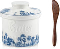 iobiotio Butter Crock for Countertop, Ceramic Butter Crock with Lid and Wooden Knife, Butter Keeper with Water Line for Fresh Spreadable Butterfor, Forest Blue