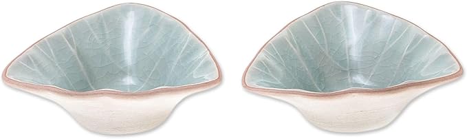 NOVICA Artisan Handmade Ceramic Condiment Servers Triangular Celadon Green Pair Thailand Tableware Serveware Leaf Tree [ 1.6in H x 4.3in W x 4.3in D 2 Oz.] ' Luxe Leaves in Green' Pair