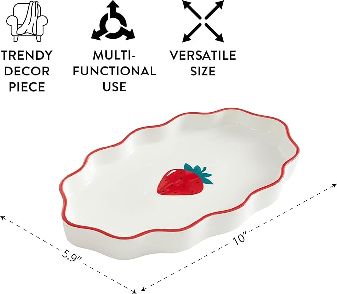 Ceramic Trinket Tray with Strawberry Design, Scalloped Edge Jewelry Dish for Vanity, Bathroom, and Desk, Small Catchall Container for Rings, Earrings, Coins, and Paper Clips