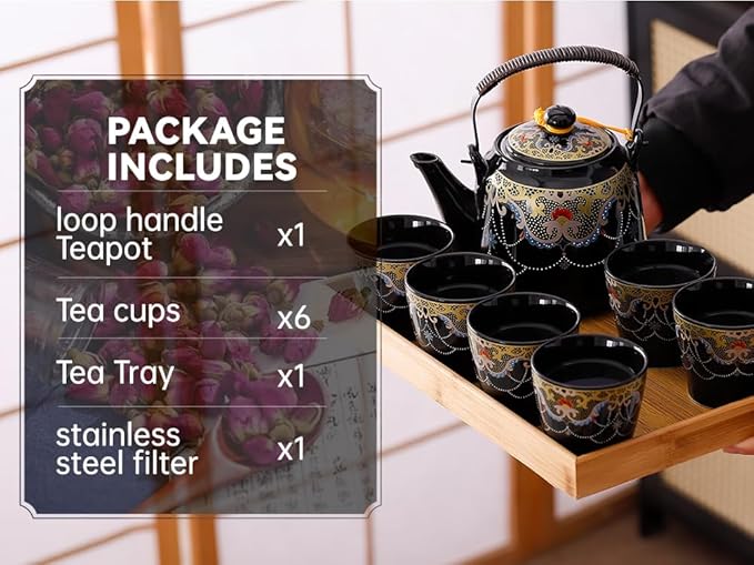 Japanese Tea Set for Adults, Japanese Teapot Set with 1 Teapot (32oz/920ml), 6 Tea cups (4.5oz/130ml), 1 Tea Tray, 1 Stainless Infuser, Kiln altered glaze Porcelain tea set (Jeweled Necklace)