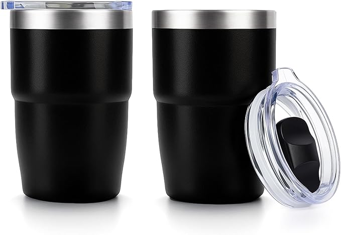 Zenbo 8 oz Stackable Espresso/Coffee Cups with Magnetic Lid, Ceramic-Lined 18/8 Stainless Steel Mini Tumblers, Double-Wall Vacuum Insulated & Dishwasher Safe for Travel & Office (Black-2 Pack)
