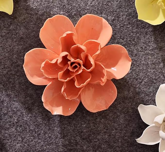 Ceramic 3D Wall Art, Artificial Flower Wall Decor, Handmade Porcelain Wall Hanging Sculpture, Orange Jasmine Flower, 2.8"L x 2.8"W, Matte Finish, Unframed, Wall Mount, Living Room Office Decor