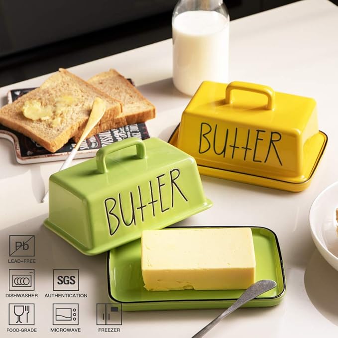 Sweejar Ceramic Butter Dish with Handle Lid, 7.3 Inch Porcelain Large Butter Keeper with Cover, Perfect for East/West Butter (Yellow)