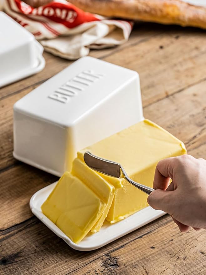 Porcelain Covered Butter Dish with Lid for Countertop Butter Holder Container for One Stick of Butter. Textured Tray Butter Keeper for Non Slip Storage-White