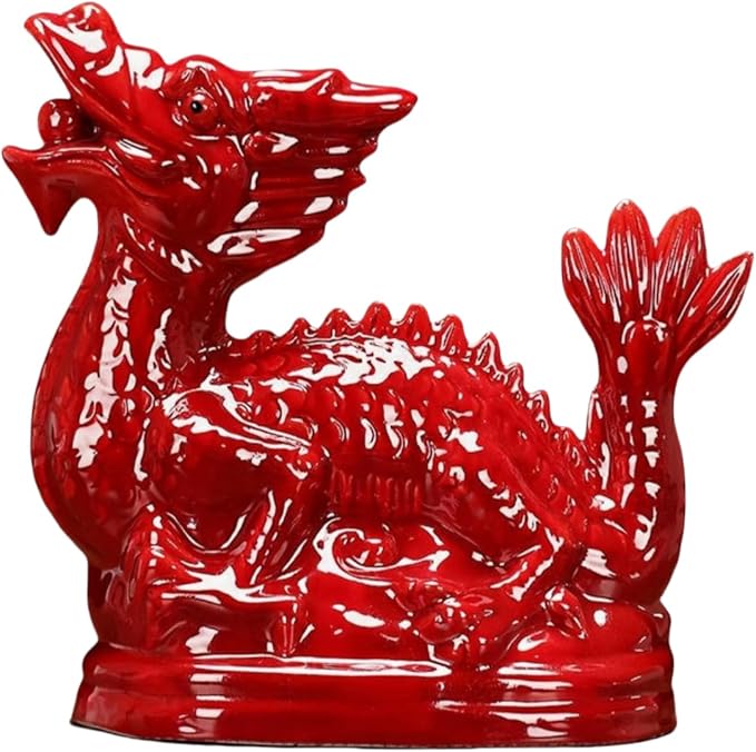 Retro Sculpture Ceramic Zodiac Dragon Sculpture Asian Feng Shui Ornaments Symbolize Power and Nobility Red Trumpet