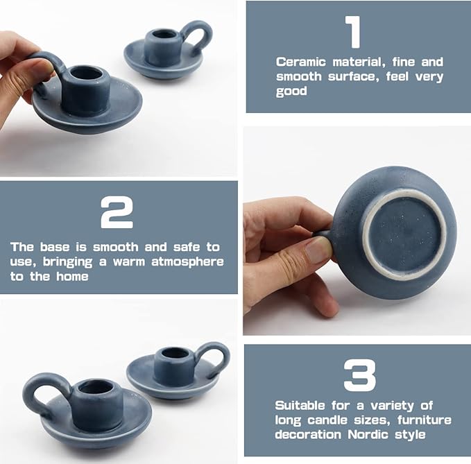 Set of 2 Ceramic Candle Holders，Taper Candle Holder with Handle Nordic Style Candle Burning Display Holder for Home Wedding Party Anniversary Housewarming Gifts （Blue）