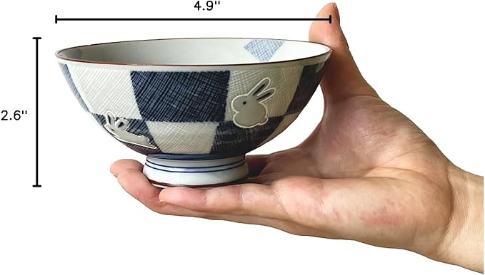 Traditional Style Japanese Ceramics Rice Bowl Chawan Pottery, Dishwasher Microwave Safe Made in Japan (Ichimatsu Usagi, Medium (oohira))