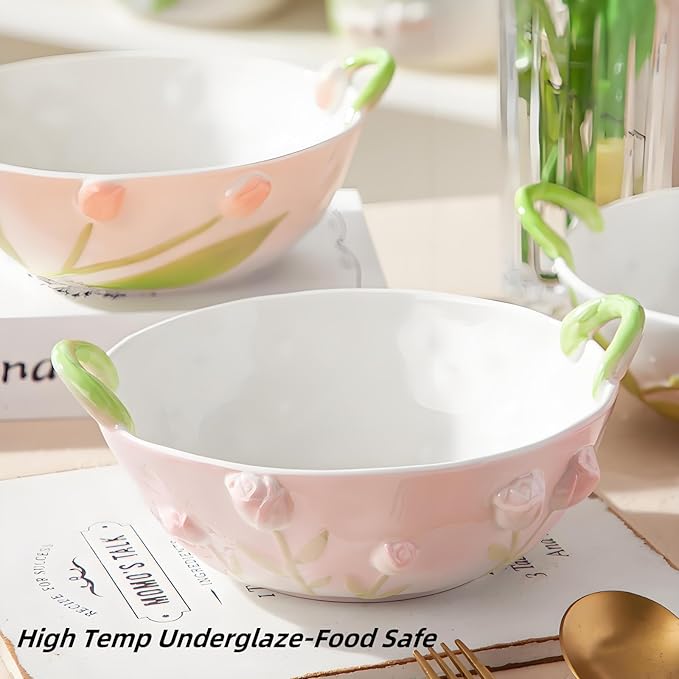 Handmade Ceramic Floral Fruit Bowl with Handles, 3D Hand-Painted Rose Flower Design Serving Dish, Decorative Bowls for Home Decor, Soup, Pasta, Cereal, Salad & Snacks, 24 oz