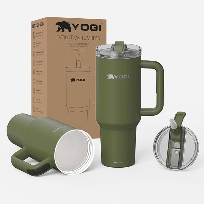 YOGI Ceramic Lined Metal Allergy Safe 30oz Tumbler with Handle and Straw Leakproof Flip & Sip Lid Vacuum Insulated Stainless Steel Travel Cup for Iced Coffee Water and All-Day Hydration 30oz Olive